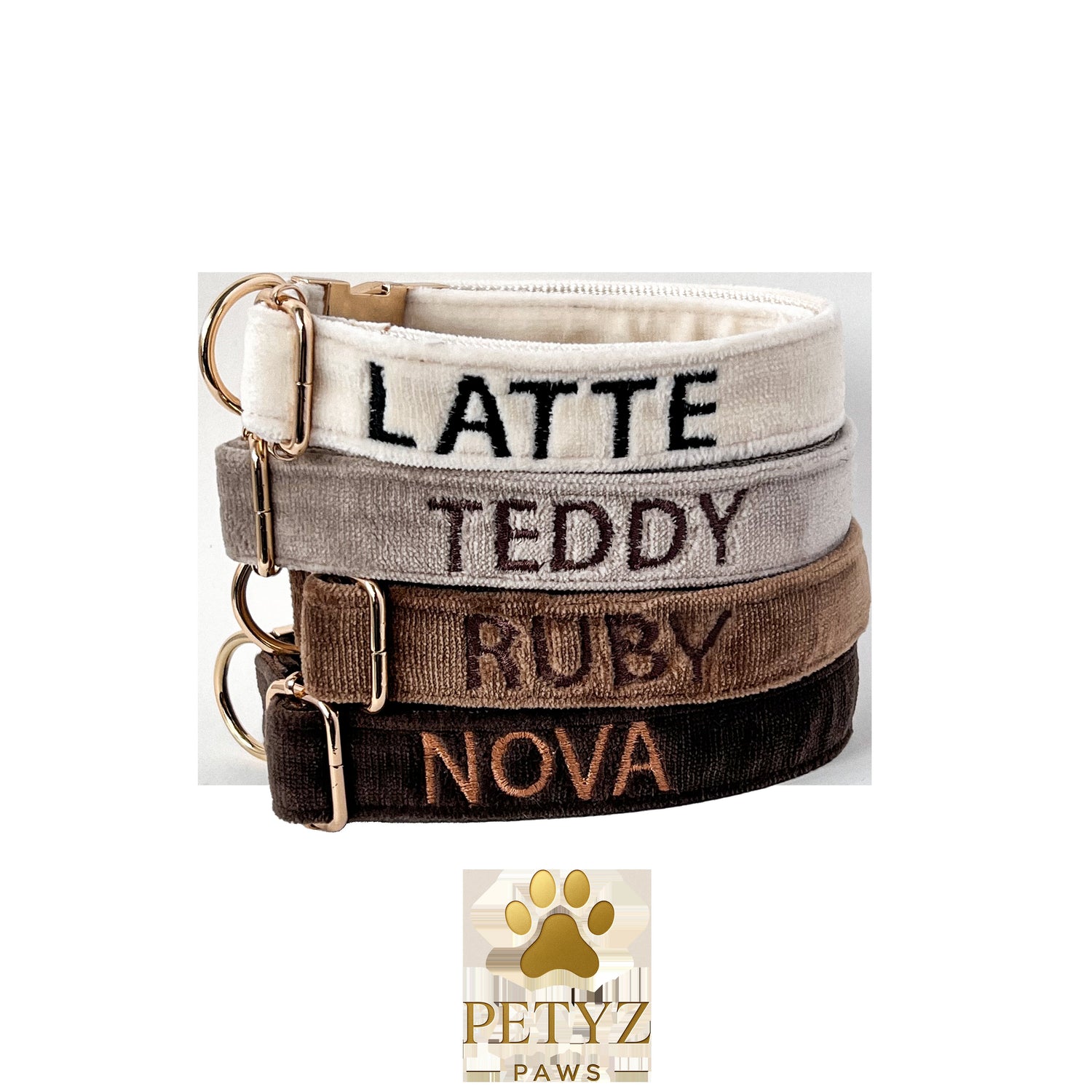 Stylish embroidered dog collar with name in soft velvet, designed for comfort and personalization