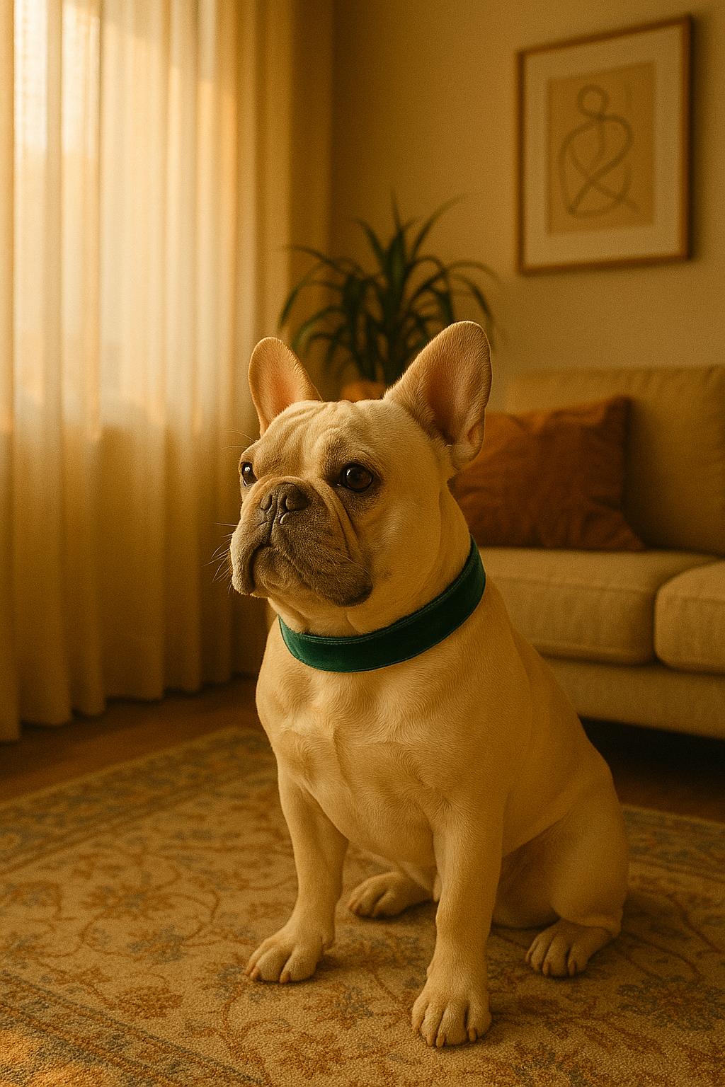 Luxury velvet pet collar showcased on a French Bulldog in a cozy living room setting
