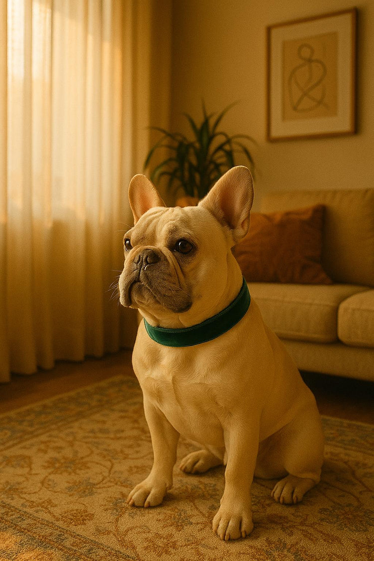 Luxury velvet pet collar showcased on a French Bulldog in a cozy living room setting