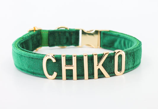 Emerald Green Velvet Pet Collar with Custom Metal Name Charms