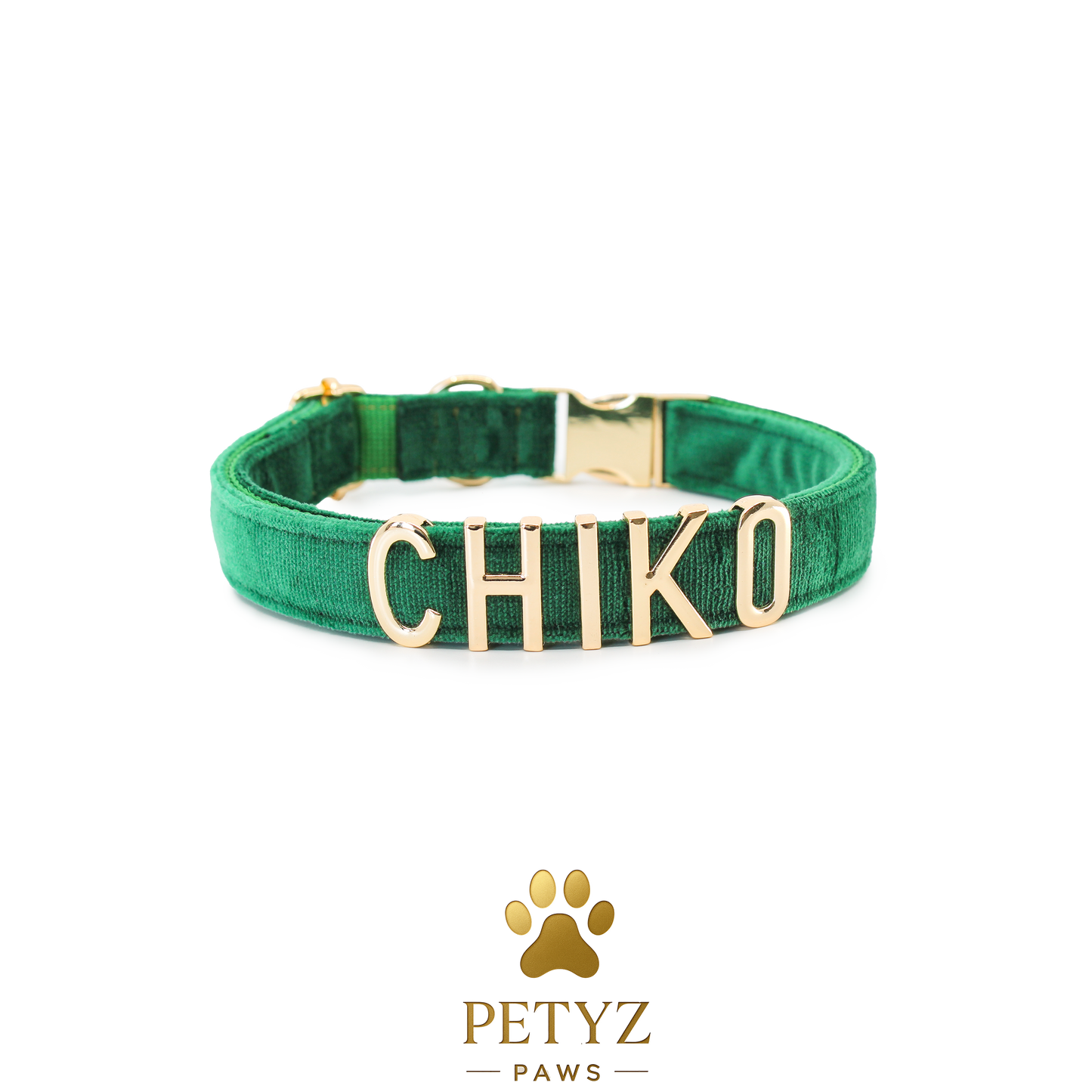 Emerald Green Velvet Pet Collar with Custom Metal Name Charms