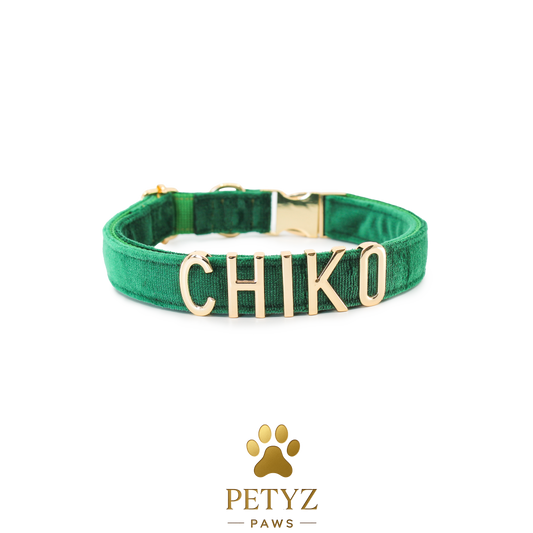 Emerald Green Velvet Pet Collar with Custom Metal Name Charms
