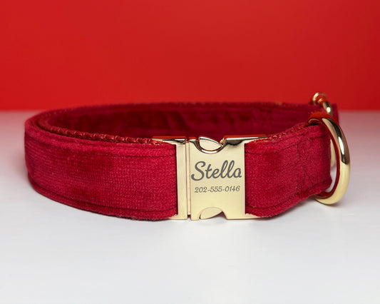 Red Soft Velvet Dog Collar, Personalized Dog Collar with Engraved Dog ID (Phone number + Name), Handmade Dog Collar, 6 Size 2 color Buckle - PetyzPaws