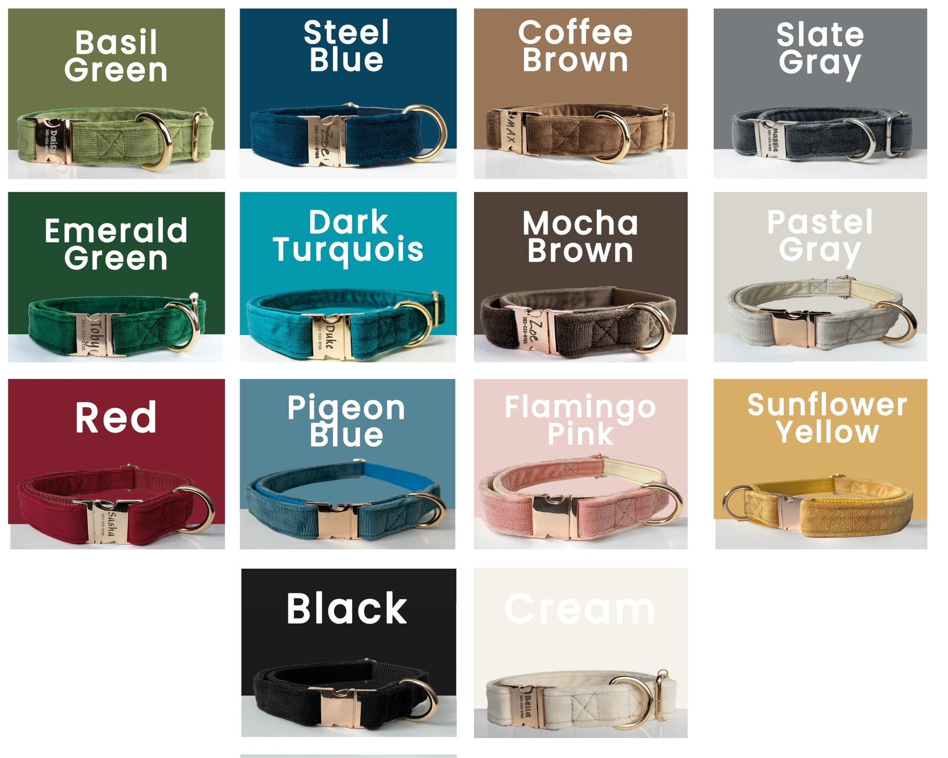 Personalized embroidery dog collars in various colors like Basil Green, Steel Blue, and Flamingo Pink