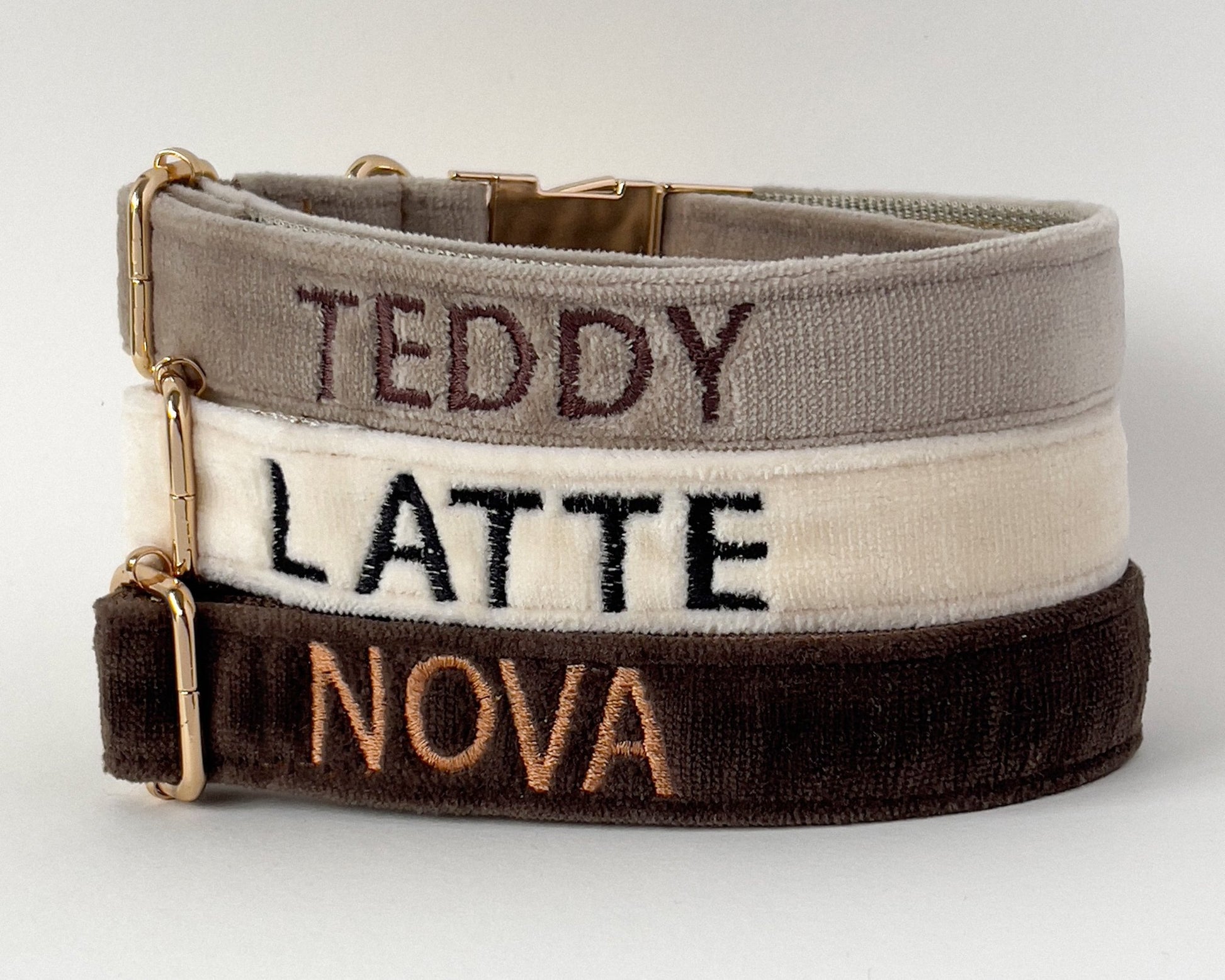 PetyzPaws personalized embroidery dog collars featuring names Teddy, Latte, and Nova in soft fabric