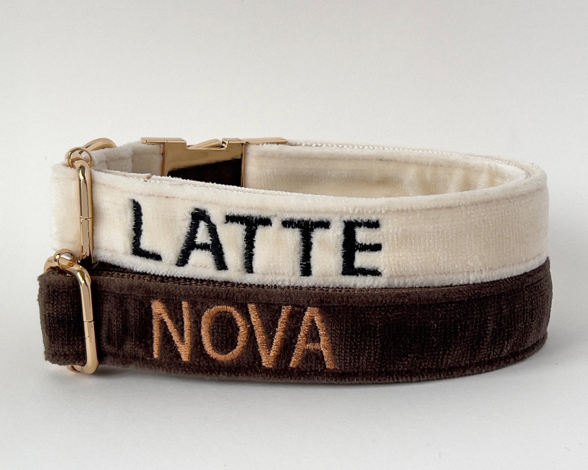Personalized embroidery dog collars featuring names Latte and Nova in stylish colors