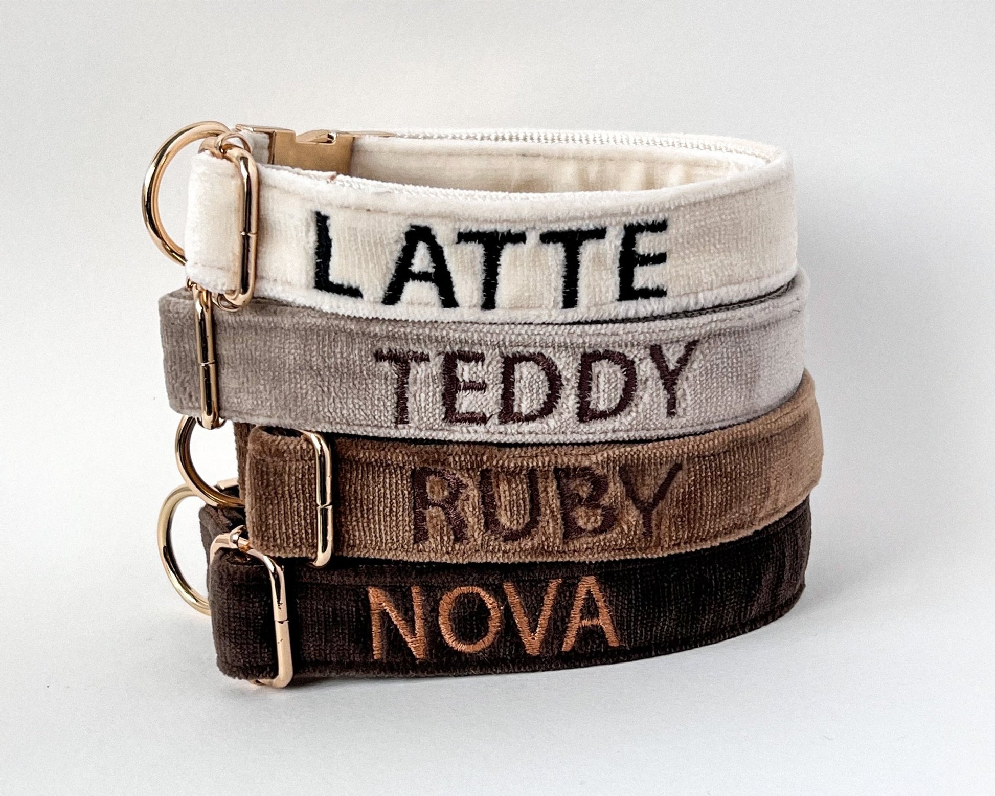 Personalized embroidery dog collars in various colors with custom names for small breeds