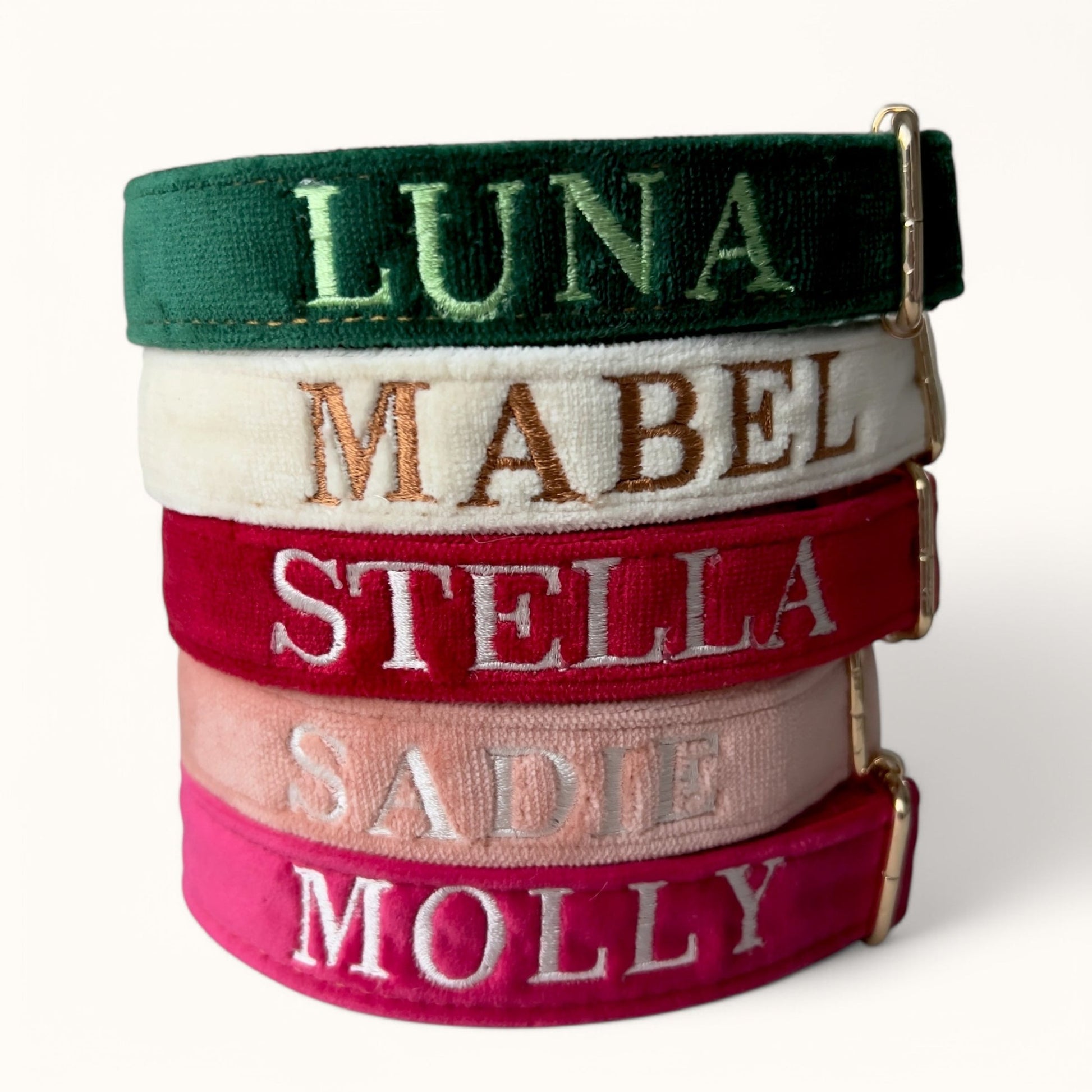 Personalized embroidery dog collars in various colors with custom names for stylish pet identification