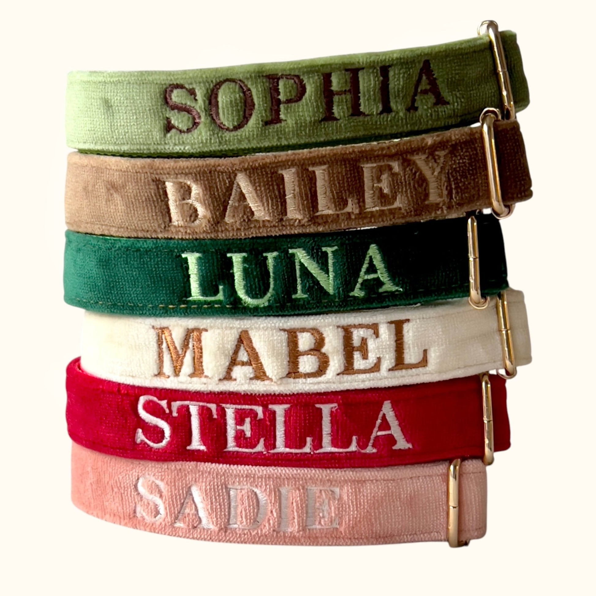 Personalized embroidery dog collars in various colors with custom names embroidered