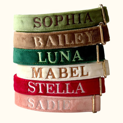 Personalized embroidery dog collars in various colors with custom names embroidered